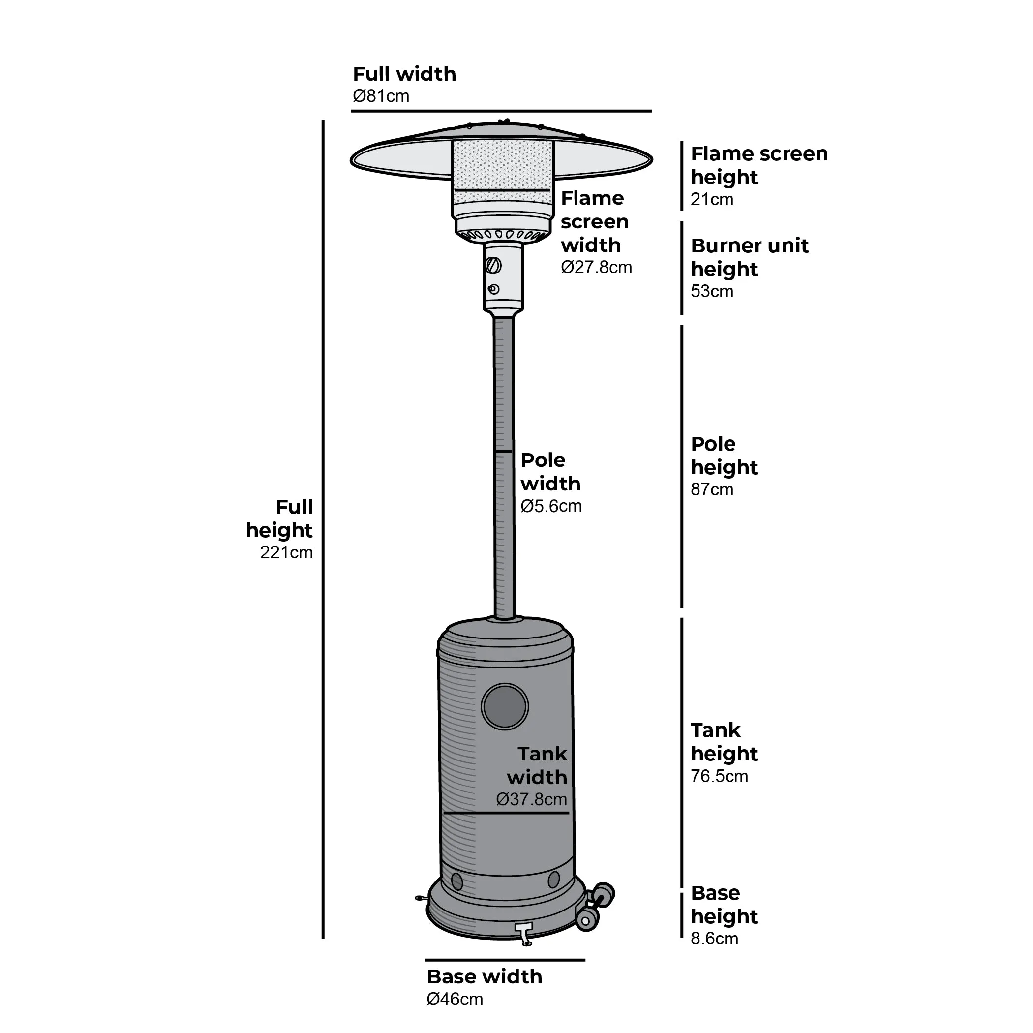 Freestanding Patio Heater Black Powder Coated Finish 44,000 BTU 13KW