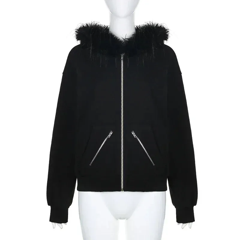 Gothic Graphic Print Rhinestones Zip Up Streetwear Hip Hop Hoodie