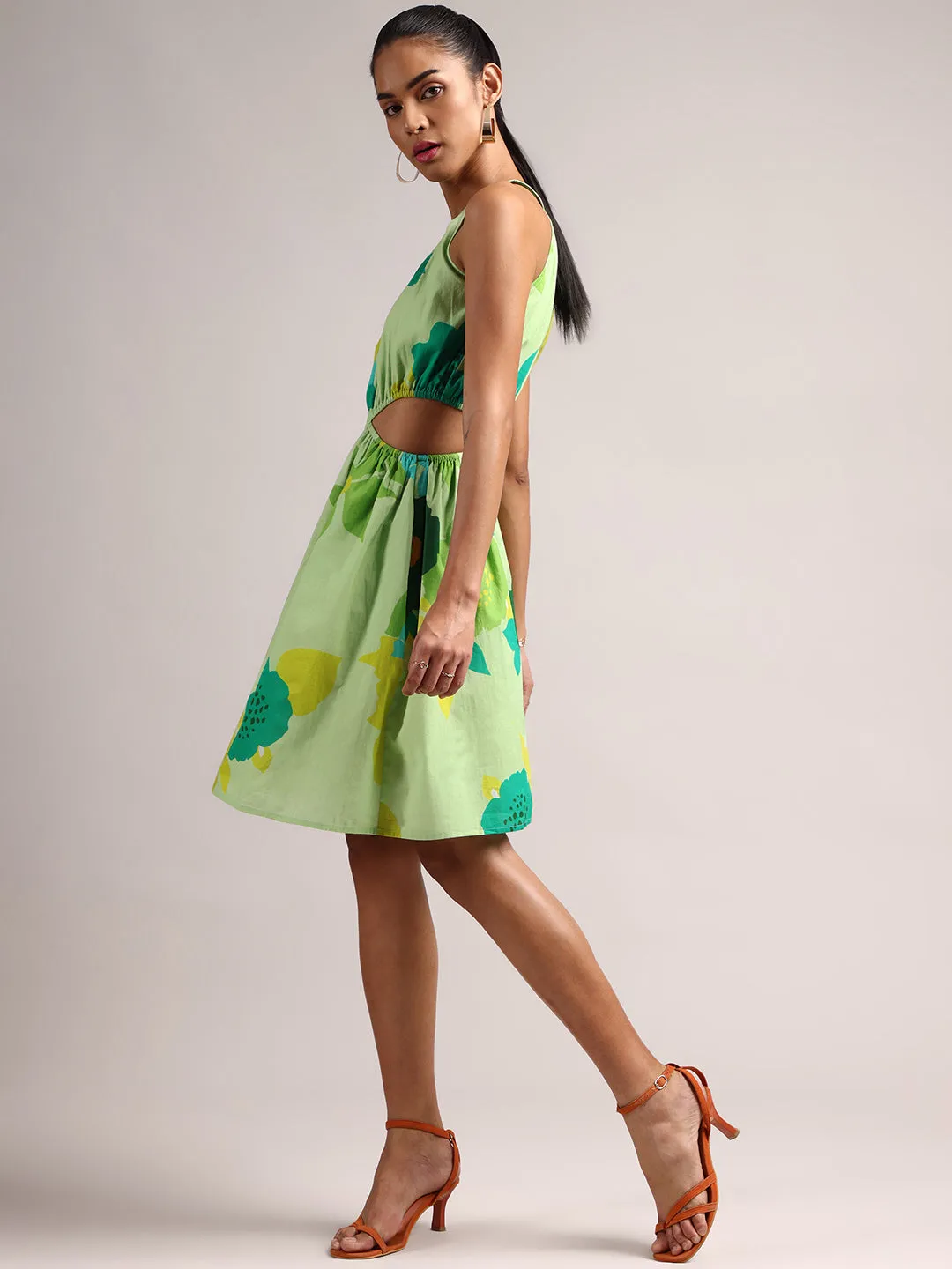 Green Pure Cotton Floral Printed Side Cut-Out Dress