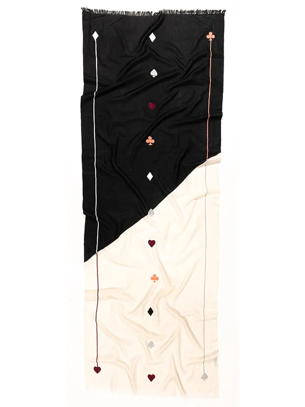 HAND EMBROIDERED CASHMERE SCARF "LUCK" IN BLACK/WHITE