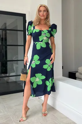 Monroe Navy Green Floral Sweetheart Midi Dress