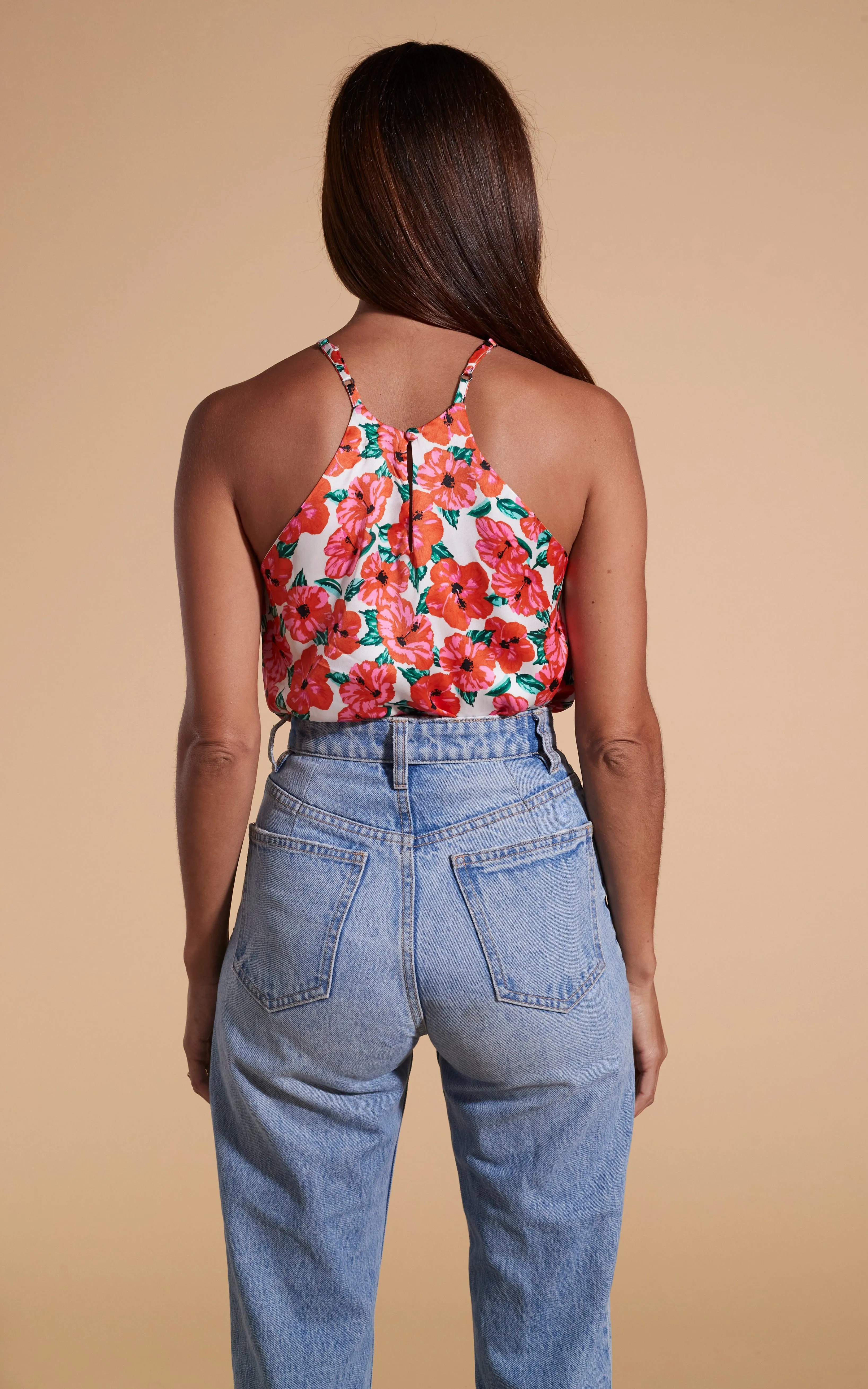 Nina Halter Cami Top In Hibiscus Red Orange On White