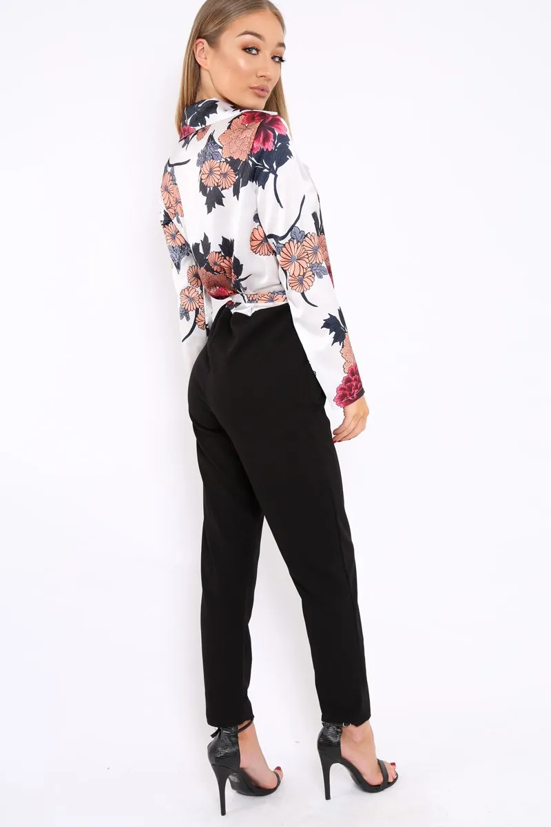 White Floral Plunge Satin Wrap Front Jumpsuit - Talulah