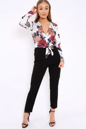 White Floral Plunge Satin Wrap Front Jumpsuit - Talulah