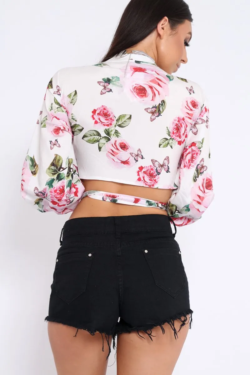 White Floral Plunge Wrap Tie Top - Emila