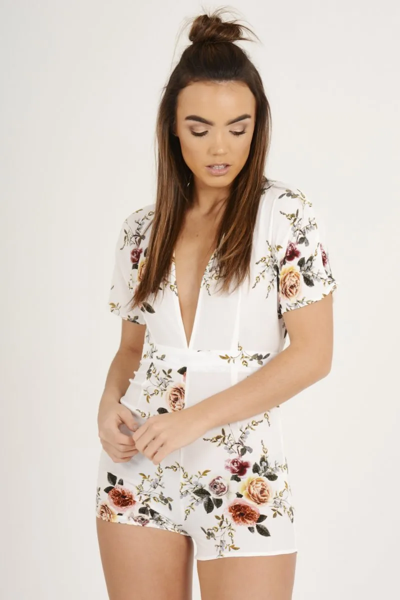 White Floral V Cut Playsuit - Dianne